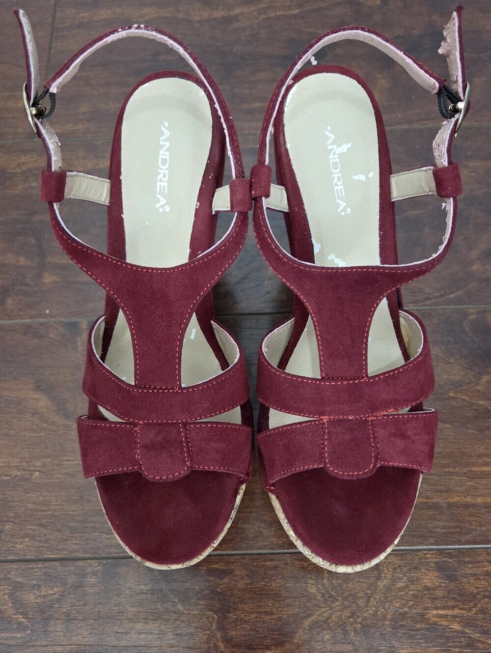 ANDREA Red Microsuede Cork Platform Wedge Sandals with Ankle Straps Size 7 - Picture 4 of 10